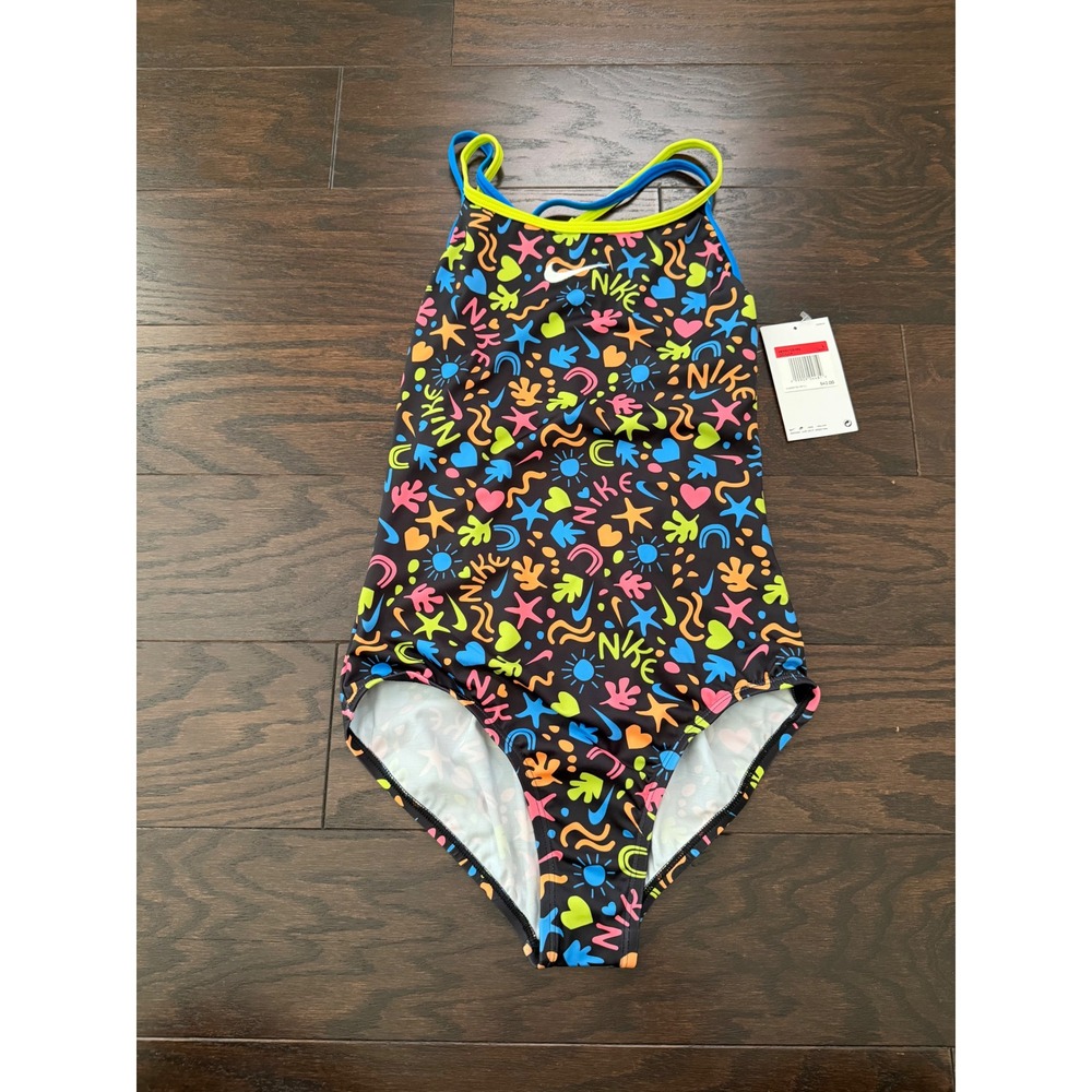 Nike Girls One Piece Swimsuit Multi Doodle Print Crossback NESS C715-001 Size L